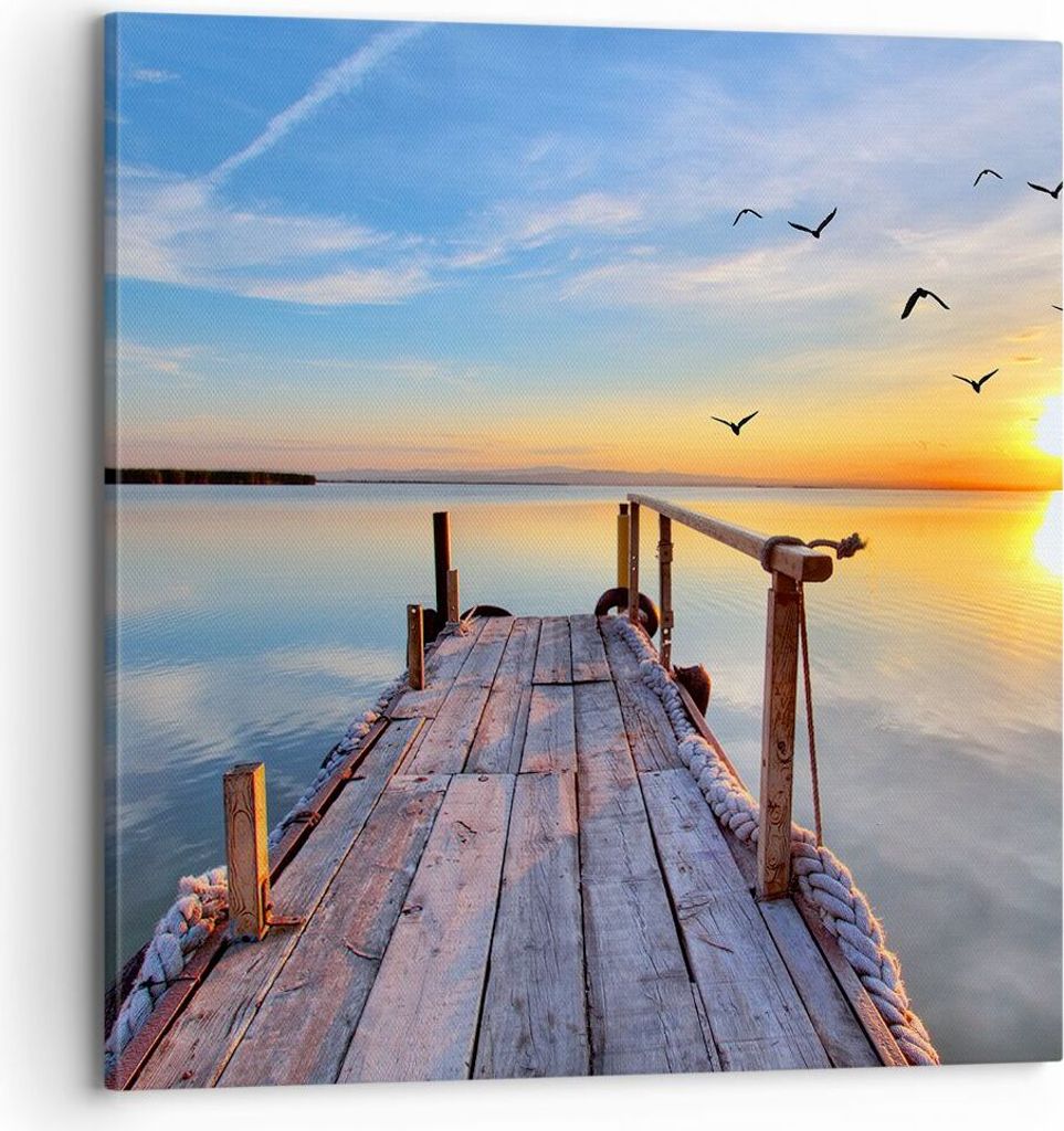 Bild auf Leinwand - Leinwandbild - See Natur Brücke Vögel - 70x70cm - Wand Bild - Wanddeko - Leinwanddruck - Bilder - Kunstdruck - Wanddekoration...