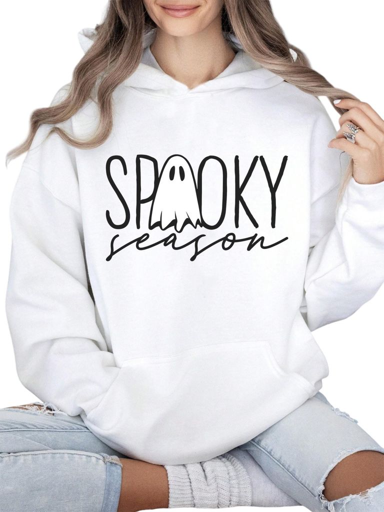 Hoodie Halloween Kostüm Damen, Gruselig Kapuzenpullover, Pullover Sweatshirt Horror Kostüm, Halloween Pullover Damen Langarmshirt, weiss, L