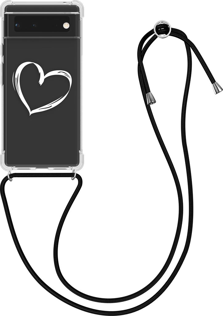 kwmobile Necklace Case kompatibel mit Google Pixel 6 Hülle - Silikon Cover mit Handykette - Weiß Transparent Herz Brush