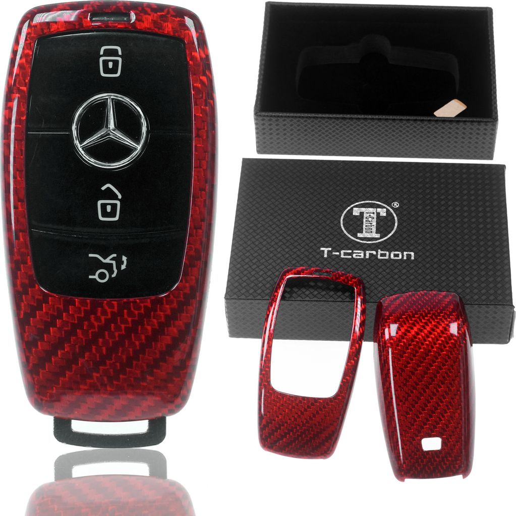 Auto Schlüssel Echt Carbon Schutz Hülle Hardcover Rot kompatibel mit Mercedes Benz W213 S213 C238 A238 W238 W242 KEYLESS SMARTKEY