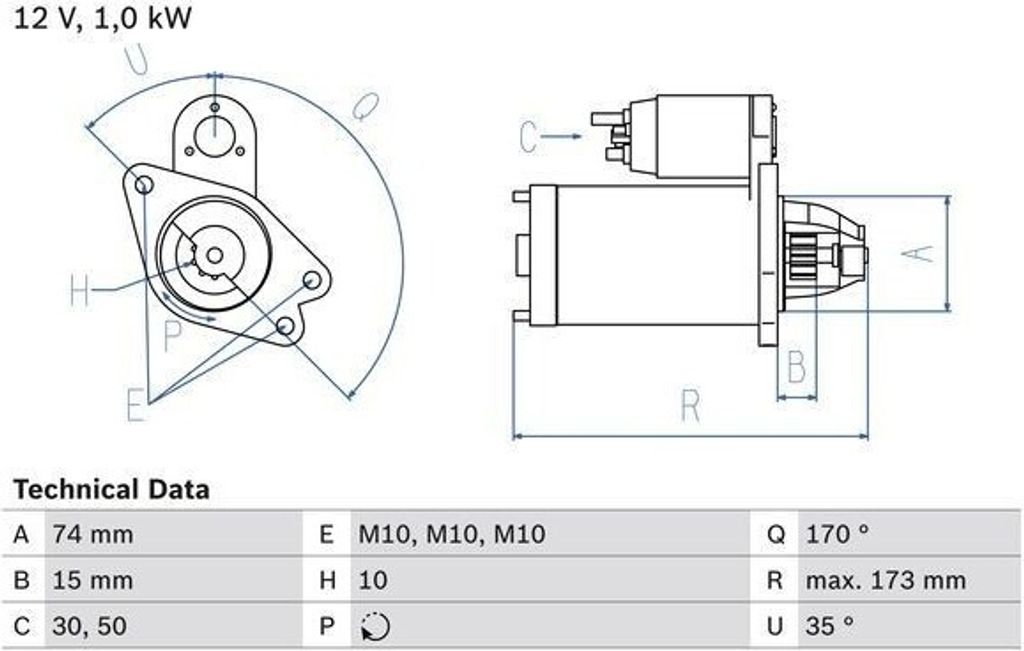 BOSCH Anlasser 0 986 025 290, 12V, 1kW, Länge 173mm, Flanschdurchmesser 74mm, Drehrichtung im Uhrzeigersinn