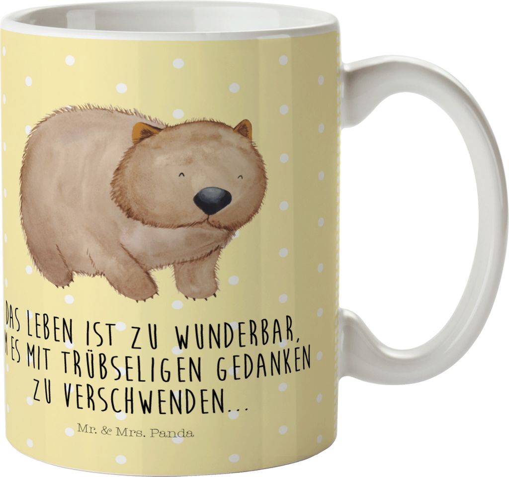 Mr. & Mrs. Panda Trinklernbecher Wombat - Gelb Pastell - Geschenk, Das Leben Ist schön, Plastikbecher, Kindertrinkbecher, Spruch, Motivation, Tier...