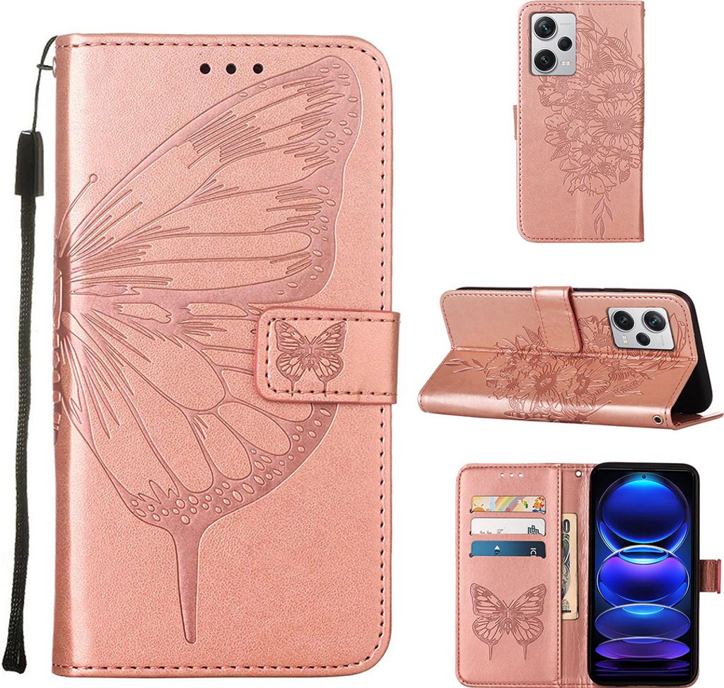 Lederhülle für Xiaomi Redmi Note 12 Pro+ Schmetterling Prägung Flip Ledertasche Kartenfächer Handyhülle mit Ständer Pink