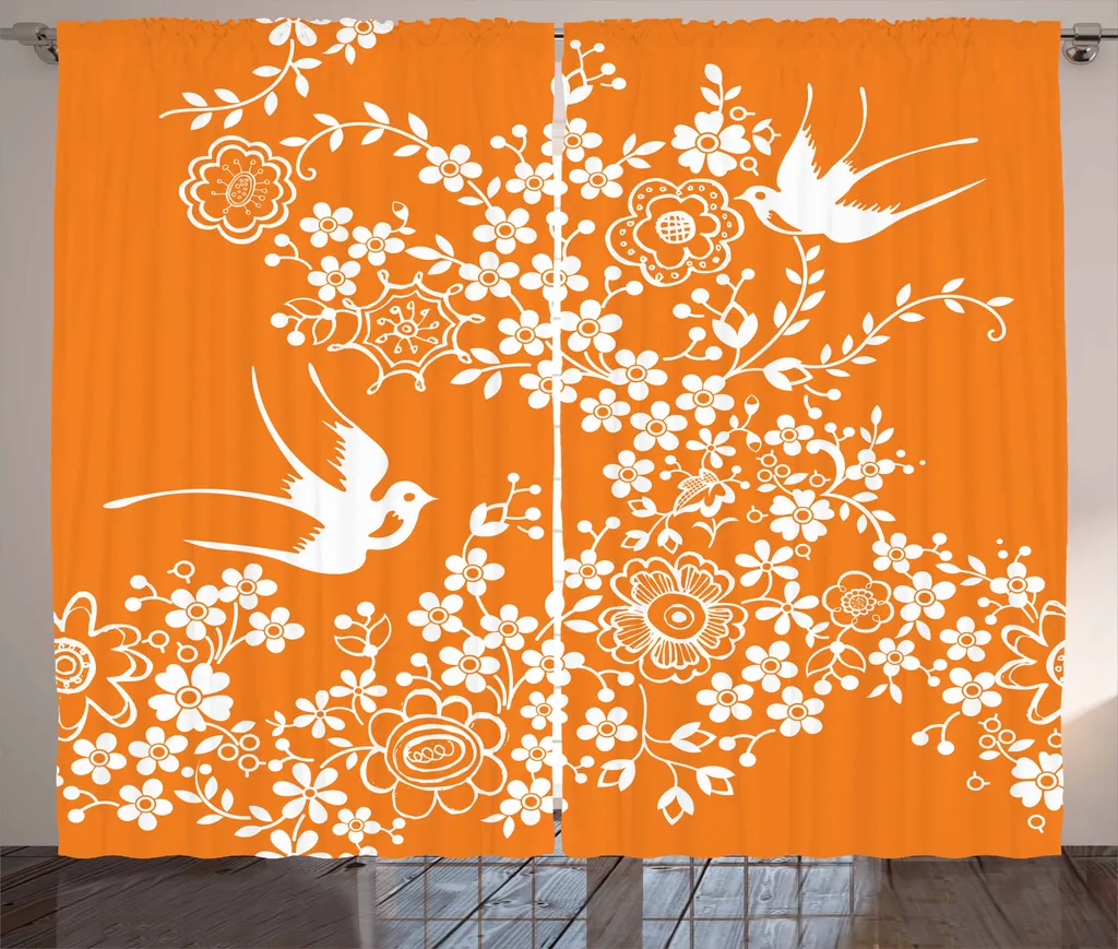 Tenda ABAKUHAUS 280x175 cm Satin Arancione Fiori e Uccelli