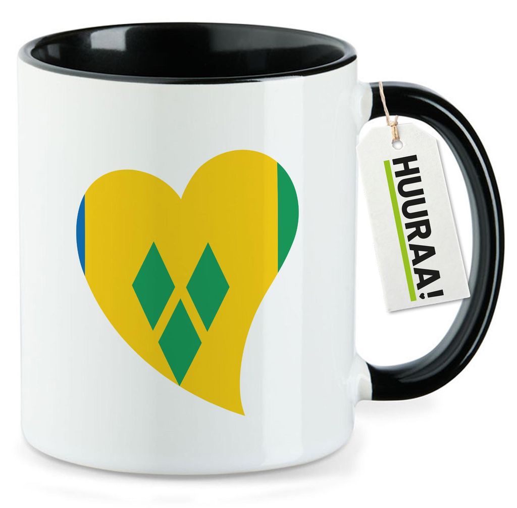 Huuraa Kaffeetasse St. Vincent und die Grenadinen Flagge Herz 330ml Schwarz Keramik Kaffeebecher Geschenkidee