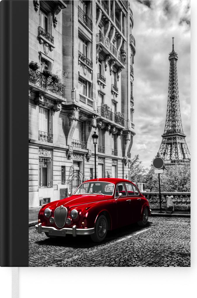 MuchoWow Notizbuch Tagebuch Haushaltsbuch Notebook A5 Eiffelturm - Schwarz - Weiß - Auto - Notizblock - Notizheft - Notebook - Schreibblock - Pa...