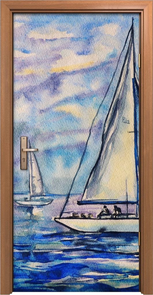 Türposter 90x200 cm Türaufkleber Türtapete Türfolie Klebefolie Malerei Boote Wasser Himmel blau