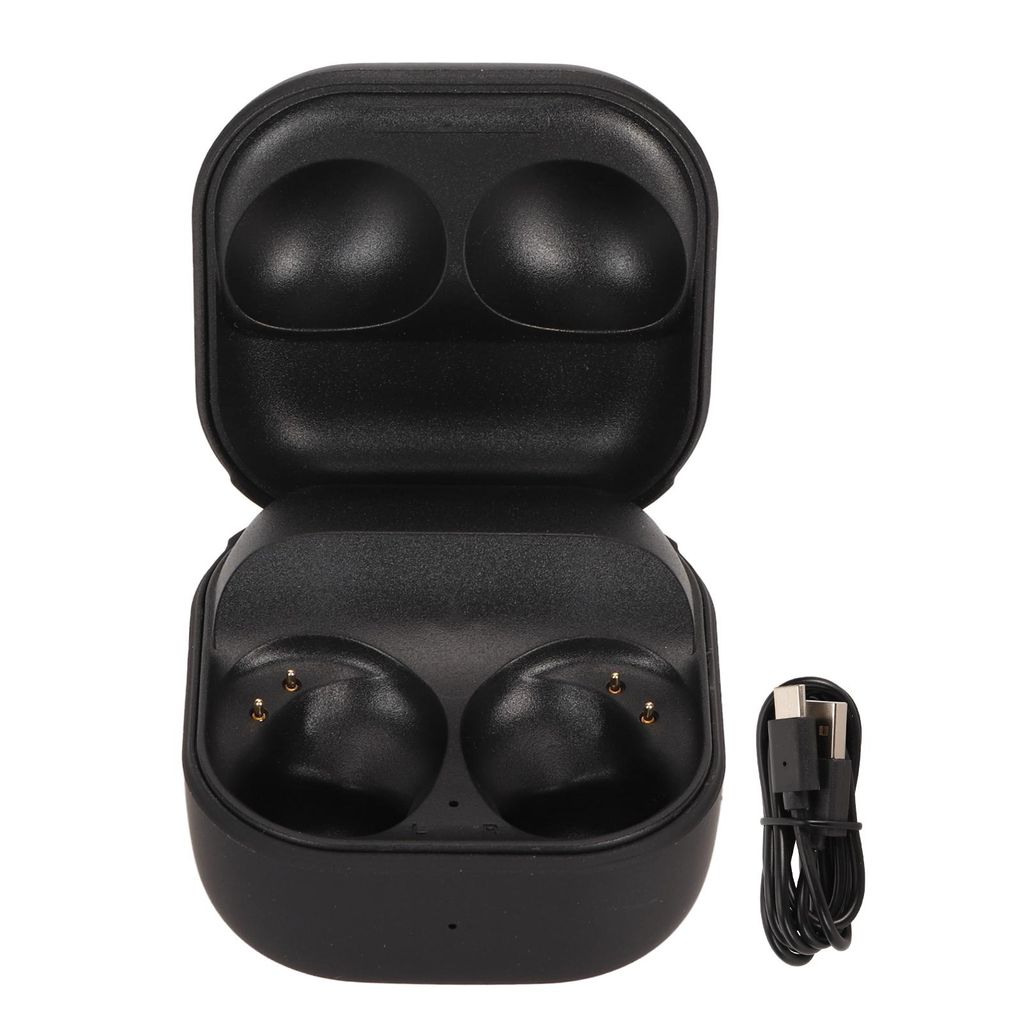 A black charging case for wireless earbuds, shown open with a charging cable next to it.