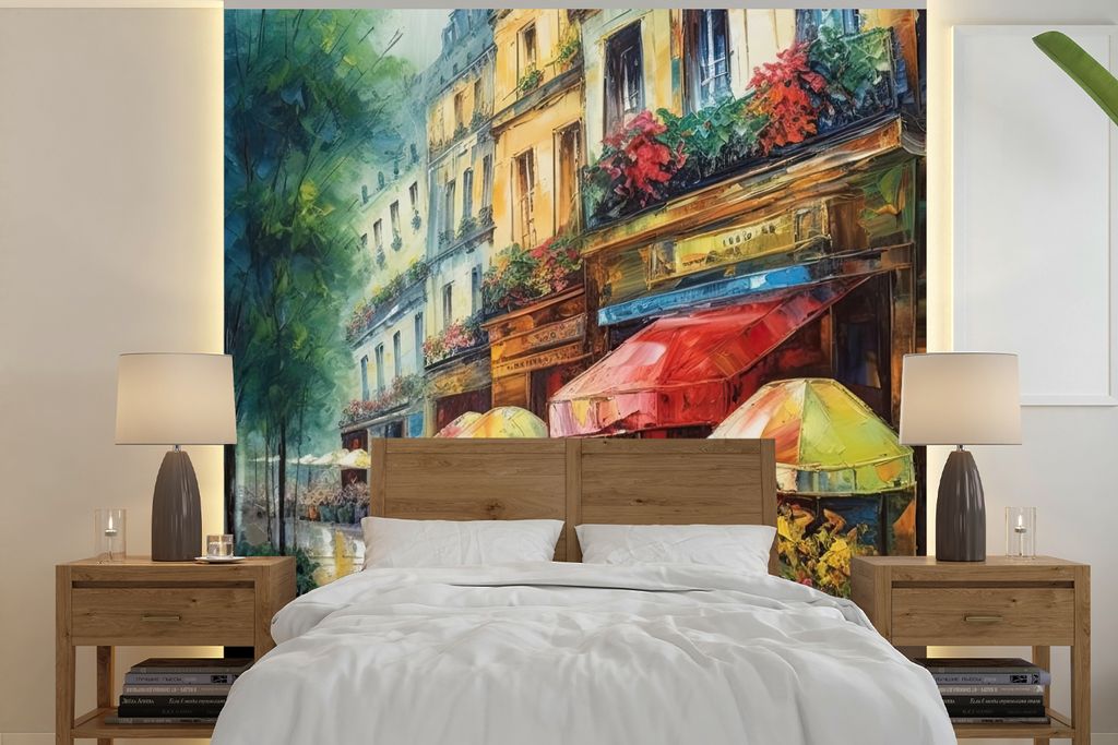 MuchoWow Fototapete für Wohnzimmer oder Schlafzimmer Wandtapete Vinyl Motivtapete Straße - Ölgemälde - Farbenfroh - Stadt - 220x220 cm - Tapeten