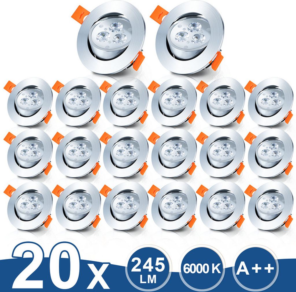 TolleTour 20X 3W LED Strahler Spot Einbaustrahler Deckenstrahler Schwenkbar 230V 245lm Kaltweiß Einbauspot Deckeneinbauleuchte Einbauleuchte