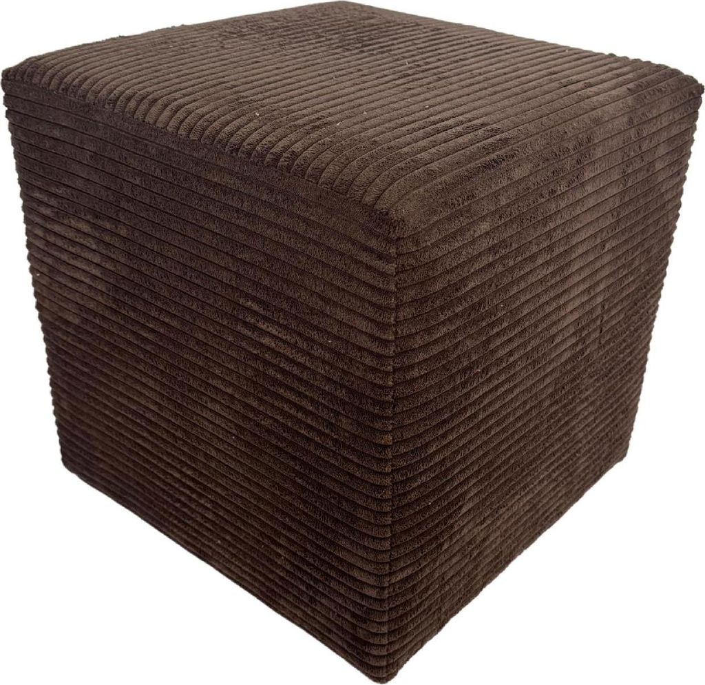 A single, dark brown, corduroy cube-shaped ottoman is shown against a white background.