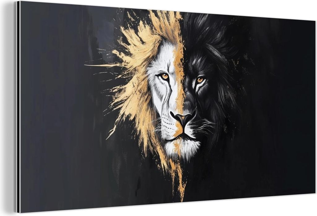 MuchoWow Wanddekoration Metall Metallbild Wandkunst 40x20 cm Löwe - Split - Schwarz - Linie MuchoWow Aluminium Gemälde - Bild - Aluminium