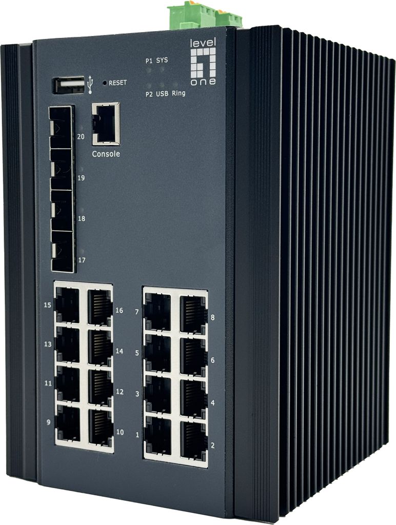 LevelOne 20-Port L2+ Managed Gigabit Industrieswitch, 16x 1GbE RJ45, 4x 1/2.5GbE SFP, DIN-Schienenmontage, -40°C bis 75°C
