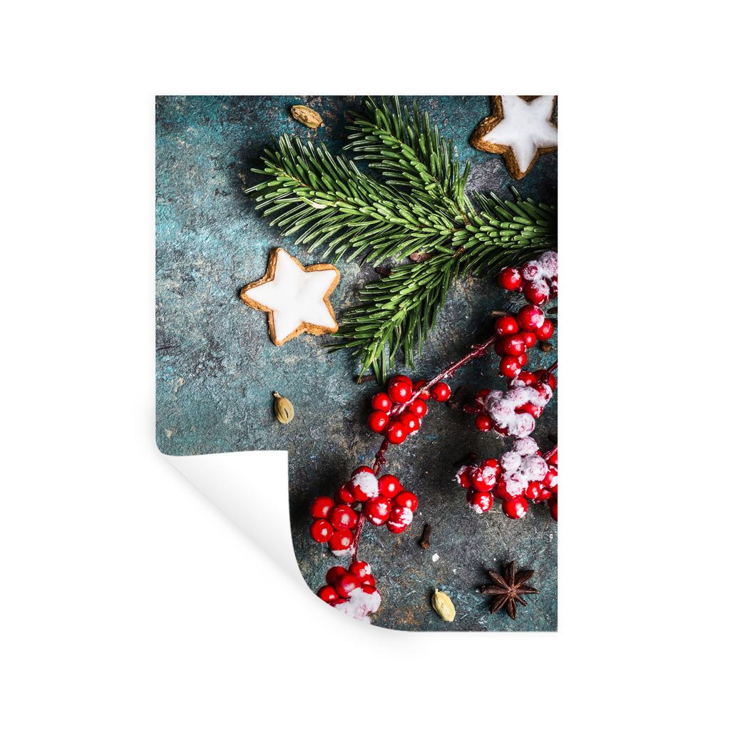 MuchoWow Wandtattoo Wandsticker Wandaufkleber Weihnachten - Rustikal - Zweige - Sternanis - Beeren - Rot 120x160 cm Selbstklebend und Repositioni...