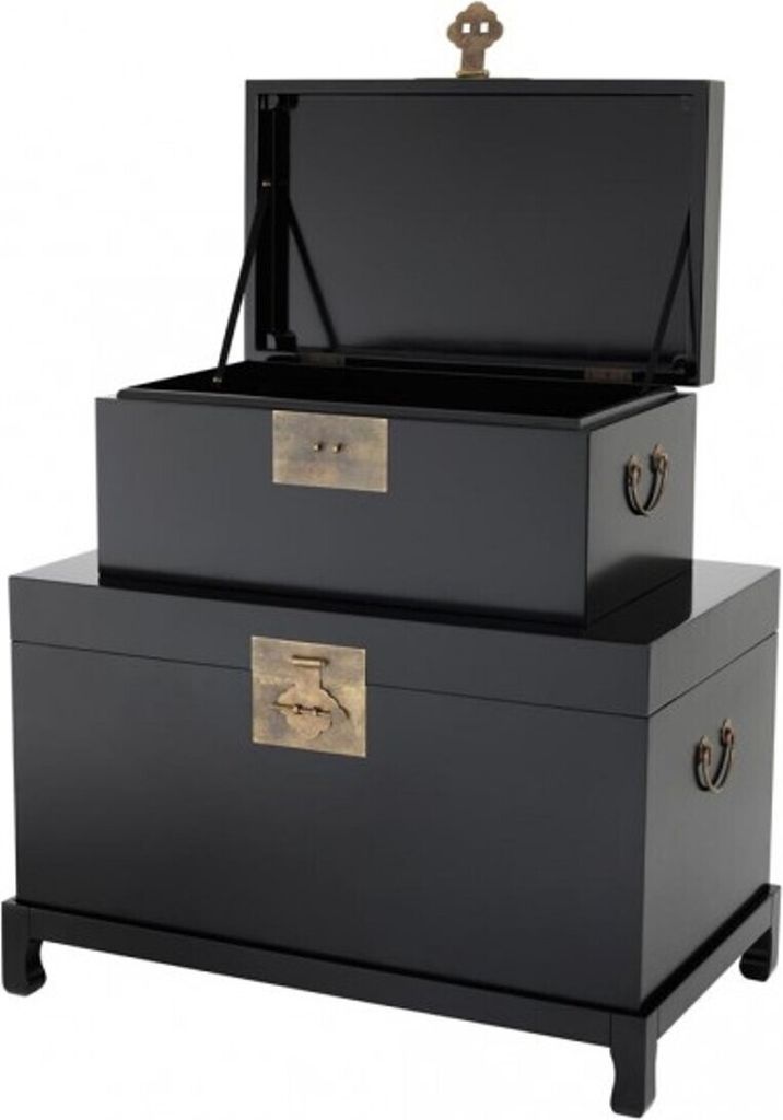 Casa Padrino Truhen Set (2 Truhen) Schwarz / Messing Applikationen - Vintage Look Hotel Möbel
