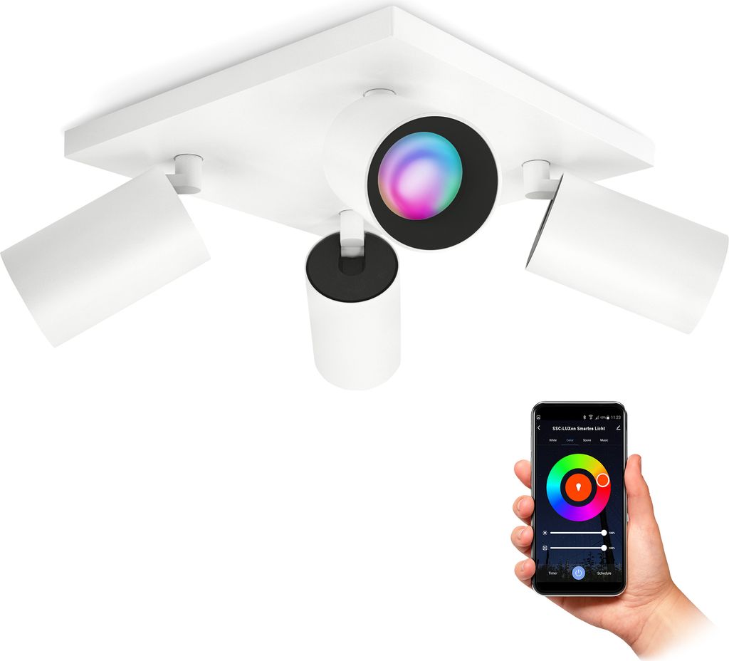 SSC-LUXon ALVO Deckenstrahler 4 flammig weiß LED mit 4x Smart Wifi GU10 RGB Lampe - Deckenlampe schwenkbar kompatibel mit Alexa, Siri, Google