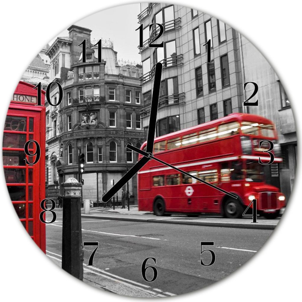 Glasuhr Wanduhr Küchenuhr Echt-Glas 30fi cm Roter Bus rot schwarz