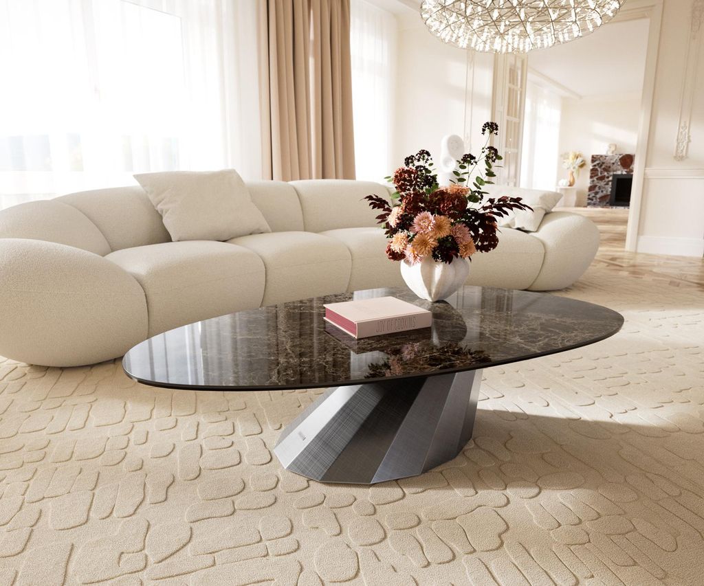 DELIFE Couchtisch Edge Oval 140x75 cm Keramik Emperador Extra Lucidato Dunkelbraun Parabi Metallic Silber