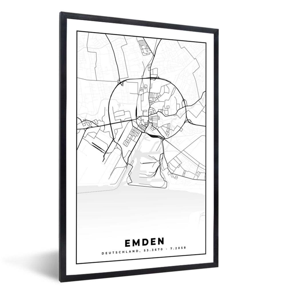 MuchoWow Gerahmtes Poster Karte - Emden - Stadtplan 20x30 cm - Poster mit Schwarzem Bilderrahmen Wandposter Rahmen Foto Bilder - Drucken - Bilder...
