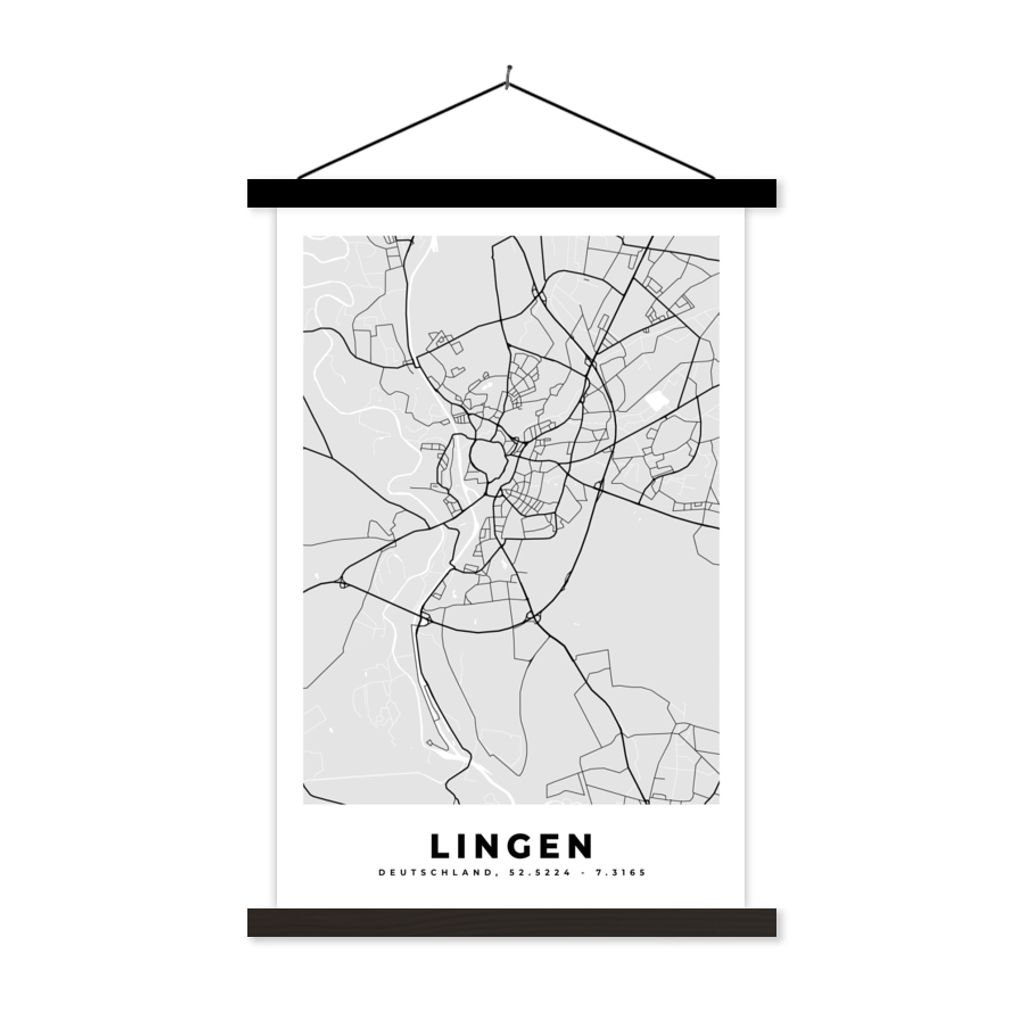 MuchoWow Textilposter Lingen - Karte - Stadtplan - Deutschland 40x60 cm mit schwarzem Rahmen - Wanddekorationen