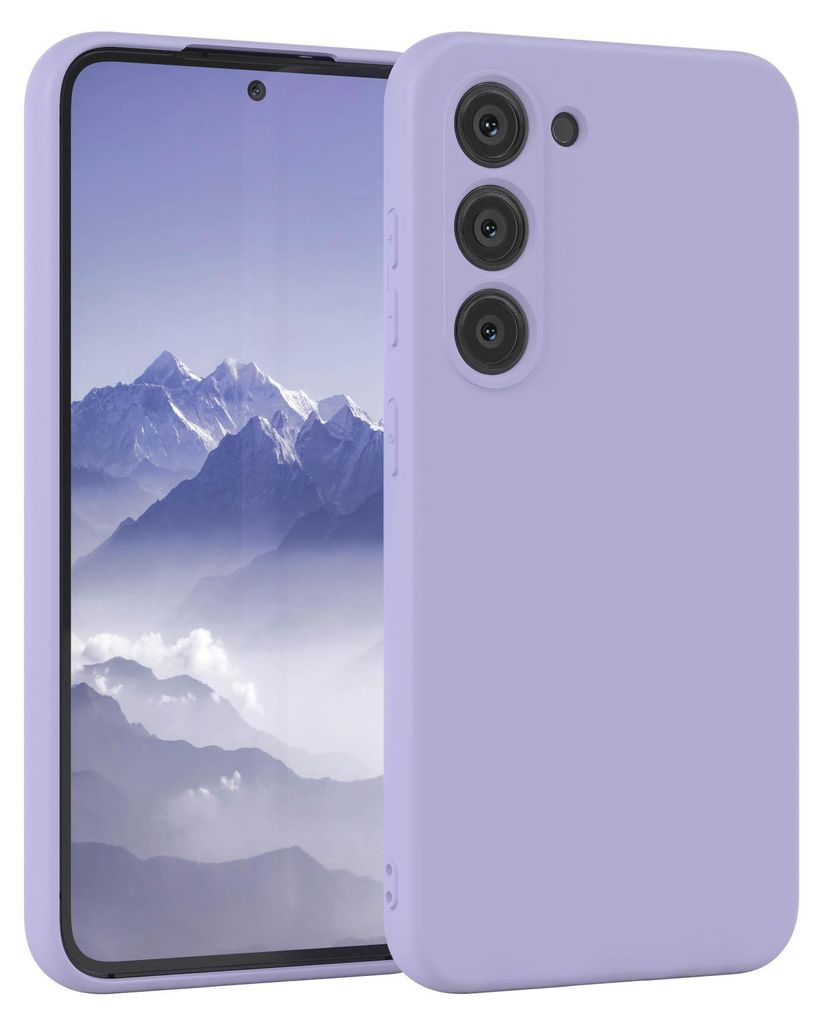 A purple phone case is shown next to a smartphone displaying a mountain landscape.