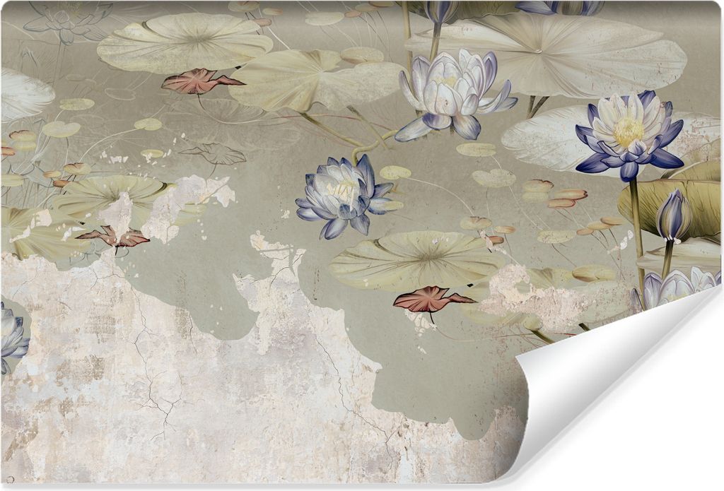 Muralo Selbstklebende Fototapete Für Wohnzimmer SEEROSEN Blätter Blumen Beton Br. 368cm x Hö. 280cm