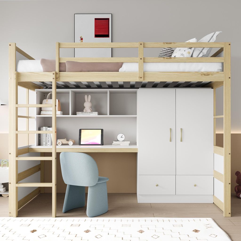 Hochbett 90 x 200 cm, Mit Leiter, Mit Schreibtisch mit Stauraum, Mit Kleiderschrank und Schubladen, Kinderbett, Jugendbett, Einzelbett, Holzfarbe