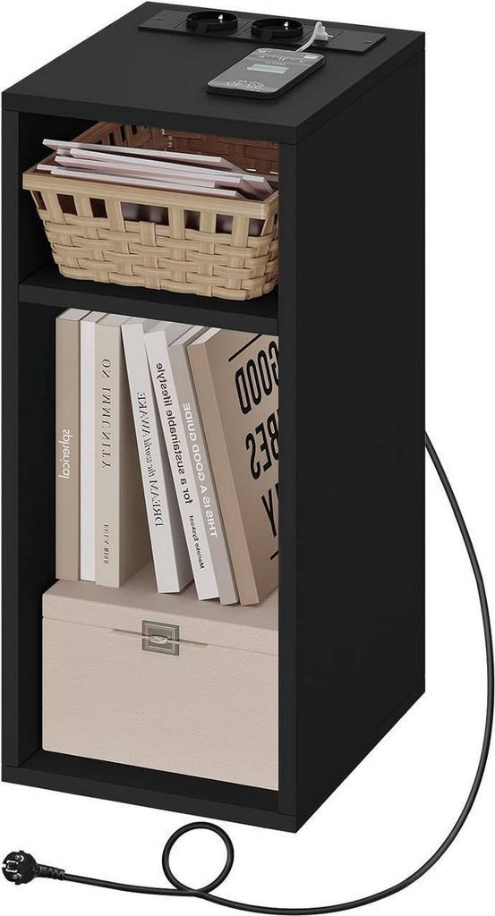 WOLTU Nachttisch mit Ladefunktion, schmaler Beistelltisch, Stauraum 2 offene Fächer, Schwarz