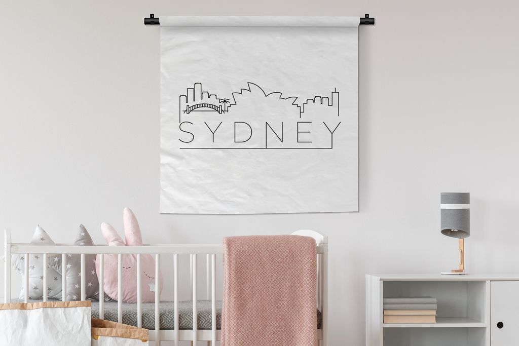 MuchoWow Wandteppich Wandbehang Skyline "Sidney" schwarz auf weiß 90x90 cm Tapisserie Dekoration Wandtuch - Wandaufhänger