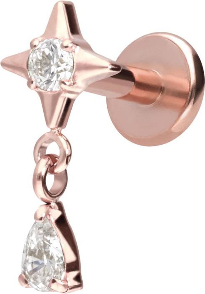 Ohrpiercing, Nasenpiercing Titan Labret mit Innengewinde STERN + KRISTALLTROPFEN RoséGold Stablänge: 10mm | Stabstärke: 1,6mm