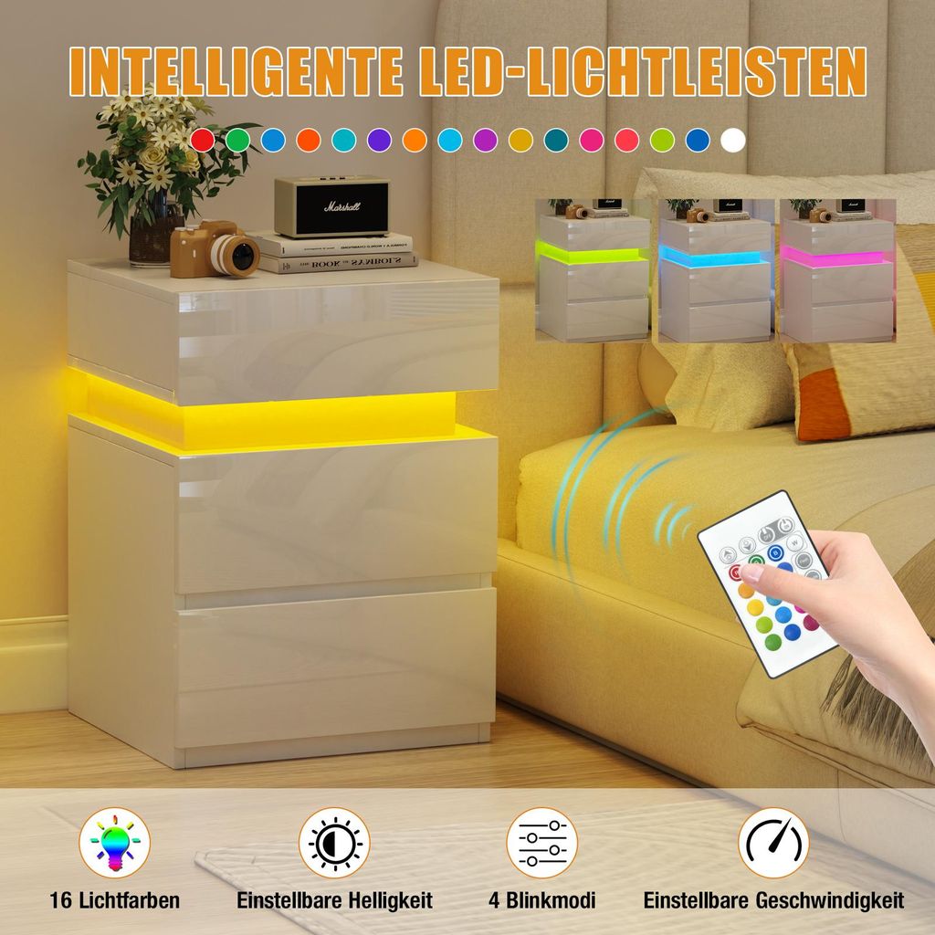 Nachttisch,Nachtschrank mit LED Licht,Nachtkommode mit 3 Produktbild 