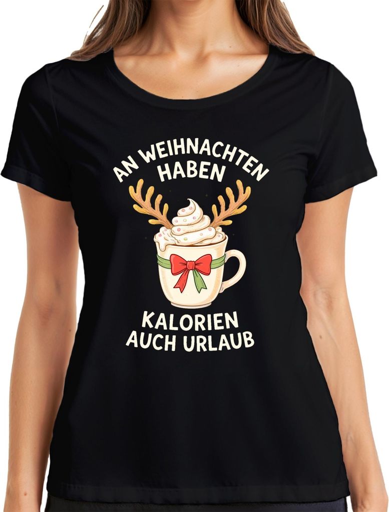 An Weihnachten haben Kalorien lustig Geschenk Kaffee Rentier Damen T-Shirt, Schwarz, M