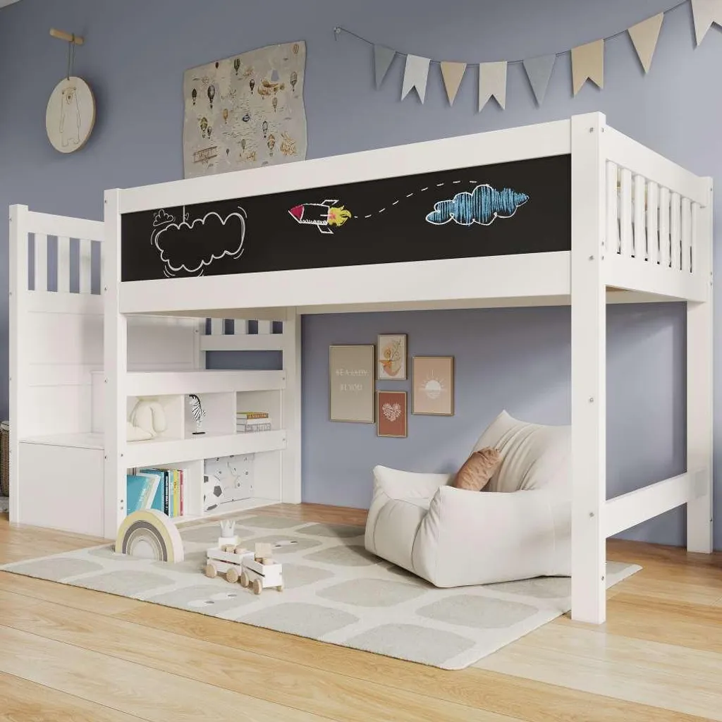 Lit surélevé enfant 90x200 blanc avec rangements et sommier à lattes