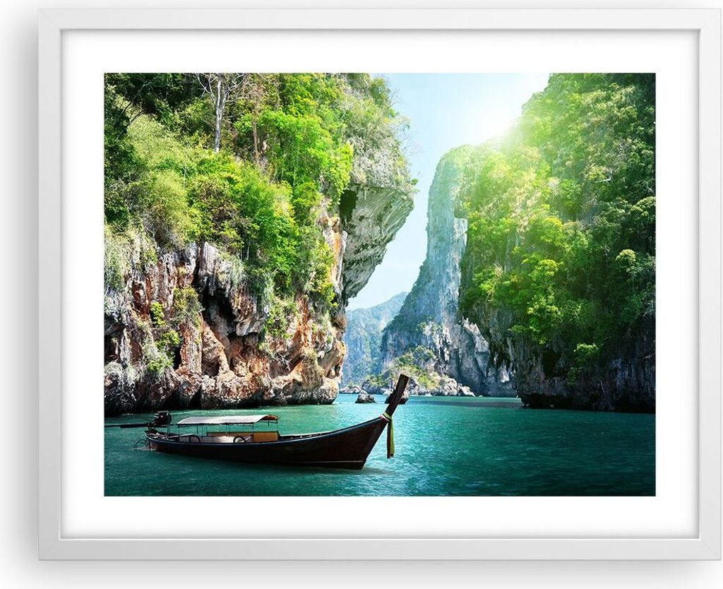 Gerahmtes Poster - Weißer Rahmen - Boot Klippen Natur Felsen - 50x40 cm - Wand Bild - Wanddeko - Wandbilder - Kunstposter - Wandposter - Bilderrah...