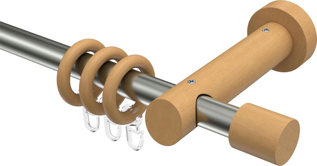 Interdeco Gardinenstange / Vorhangstange Edelstahl / Buche lackiert, Typ Talena Feta (Kappe), 20 mm Ø 1-läufig, 120 cm