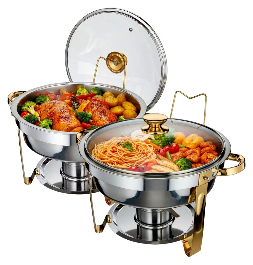 Rundes Chafing Dish Set 2-teilig 5L – Edelstahl Buffetwärmer mit Glasdeckel und Brennstoffhalter, Speisenwärmer für Catering, Feiern, Hochzeit...