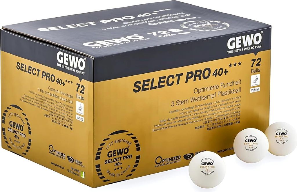 GEWO Tischtennisbälle Select PRO 40+, 72er Pack, ITTF-e, Wettkampf - 3 Sterne