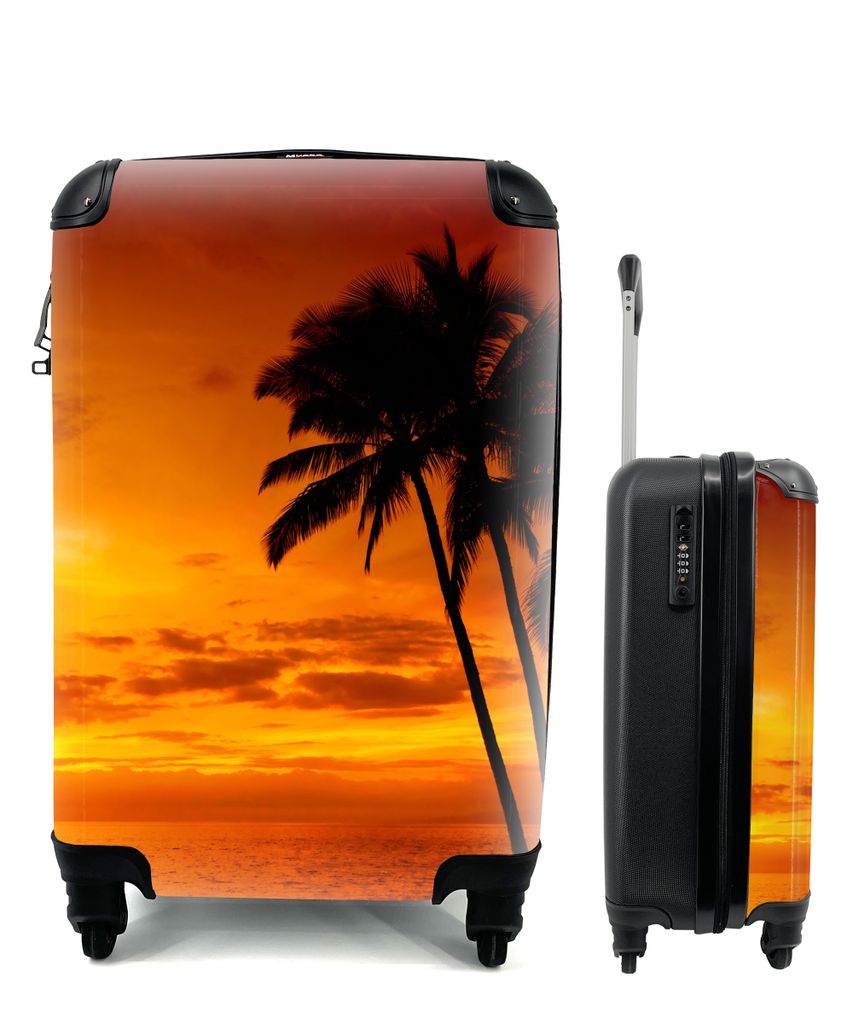 MuchoWow Koffer Handgepäck Trolley Rollkoffer Kleine Reisekoffer mit 4 Rollen - Palme - Sonnenuntergang - Tropisch - Orange - Meer - Cabin Size ...