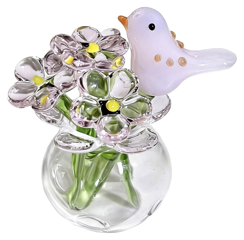Niedliche Mini-Figur aus mundgeblasenem Glas mit künstlicher Kristallblume, Sammlerstück, kleine Blumenvase mit Biene/Vogel als Nachbildungation ...