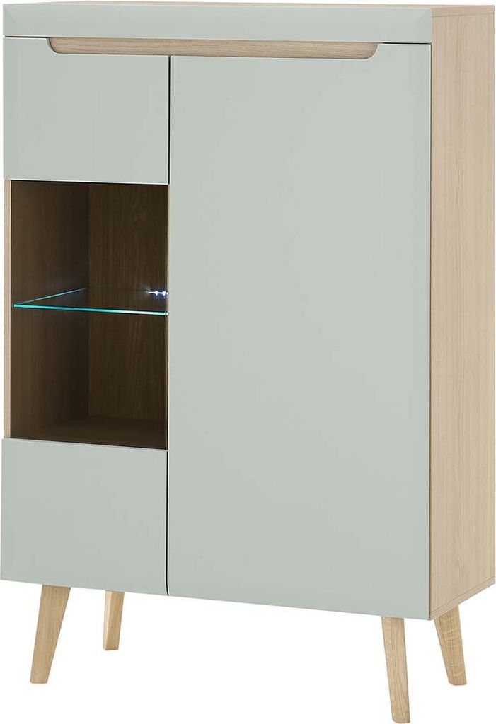 Vitrinenschrank Svante - Scandi Oak / Pistaccio Matt ohne Beleuchtung