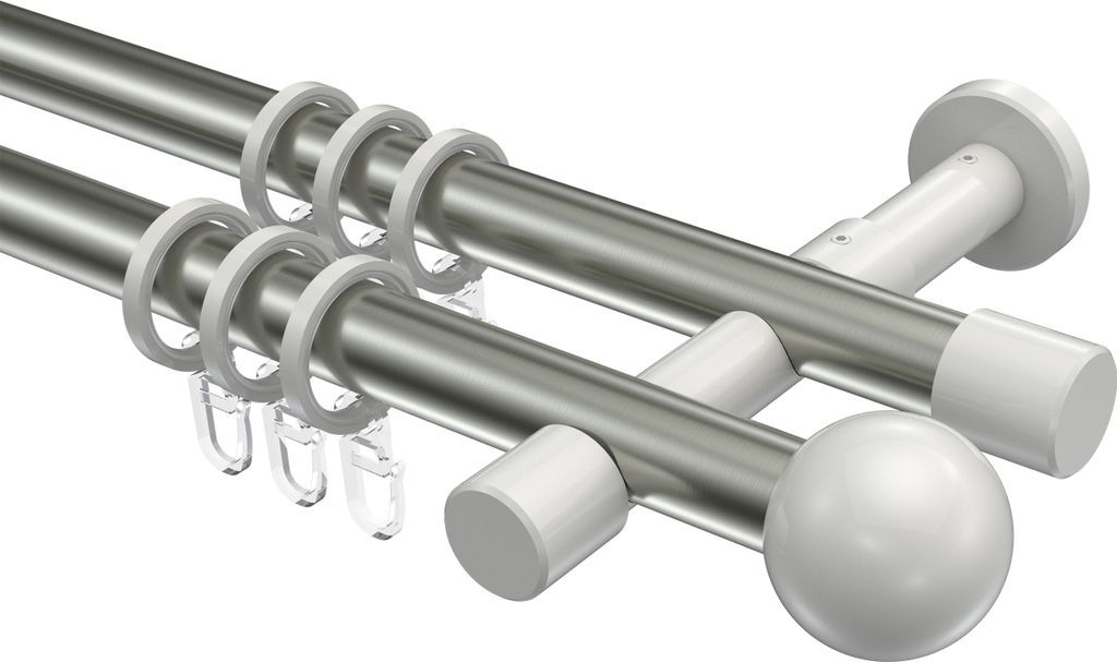 Interdeco Gardinenstange / Vorhangstange Edelstahl-Optik / Weiß, Typ Prestige Luino (Kugel), 20 mm Ø 2-läufig, 320 cm