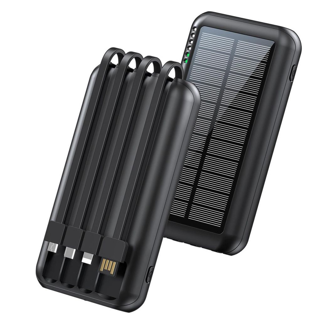 20000mAh Solar Ladegerät, Solar Powerbank, Multiport Powerbank mit eingebauten Kabeln und Taschenlampe
