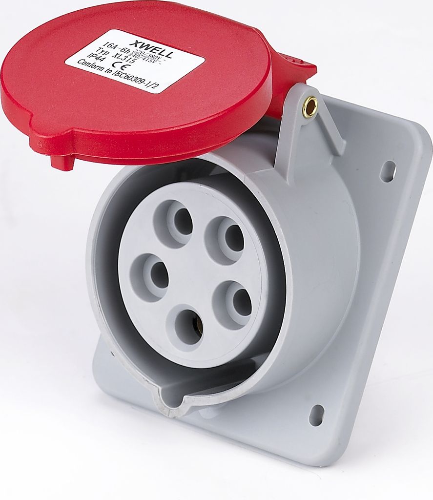 A close-up studio shot of a heavy-duty electrical socket.