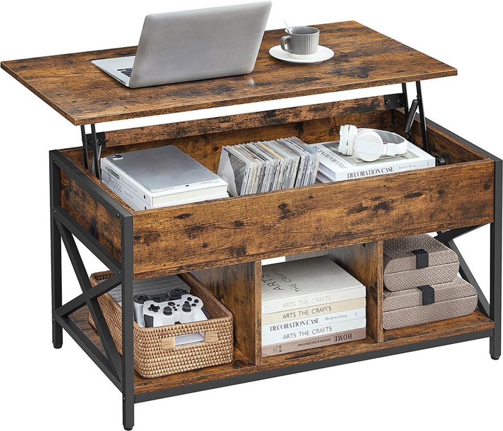 Höhenverstellbarer Couchtisch mit offenen Fächern, Vintage-Braun-Schwarz