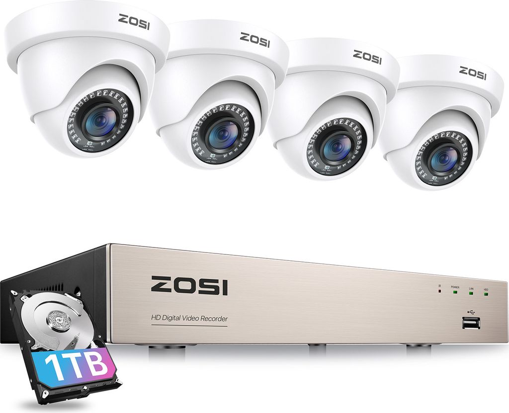 ZOSI 1080P Aussen Überwachungskamera Set mit Kabel, 8CH 1TB HDD CCTV DVR und 4X 2MP Outdoor Dome Kamera, IP66 Wasserdicht, 24m IR Nachtsicht