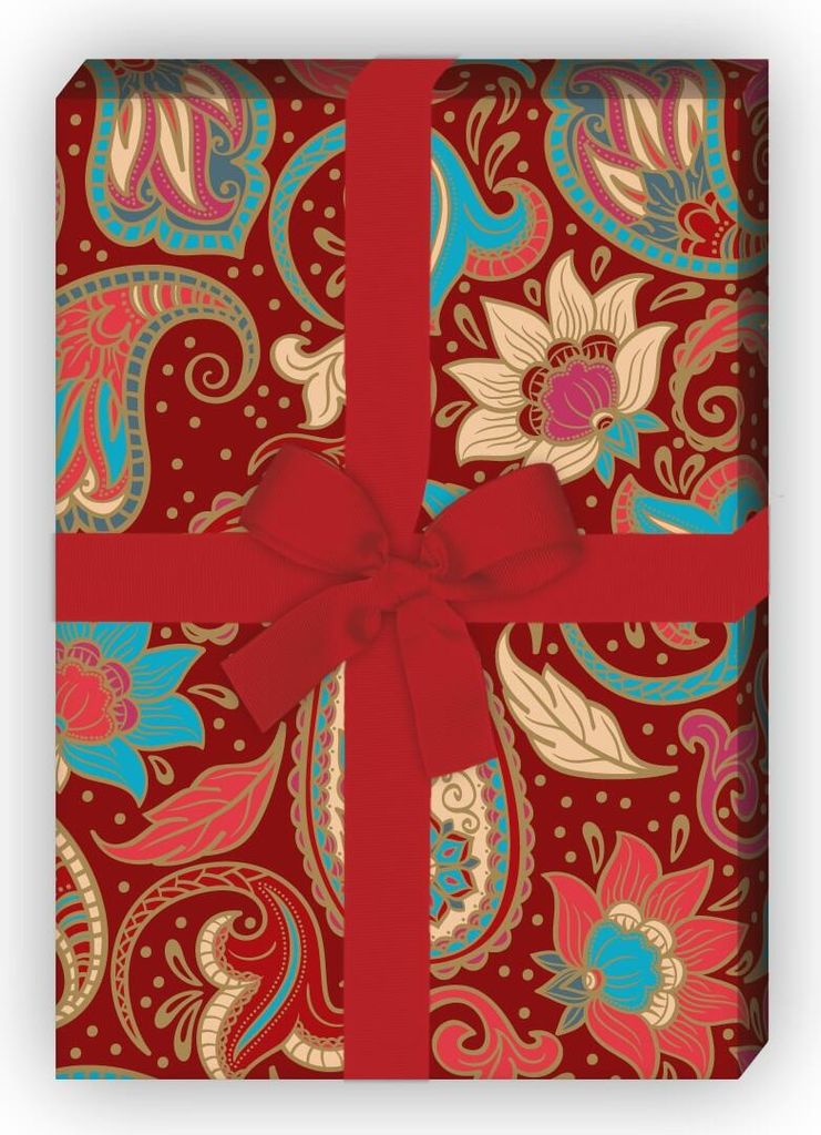 Märchenhaftes rotes Geschenkpapier zum Einpacken mit Paisley Muster - G10250, 32 x 48cm