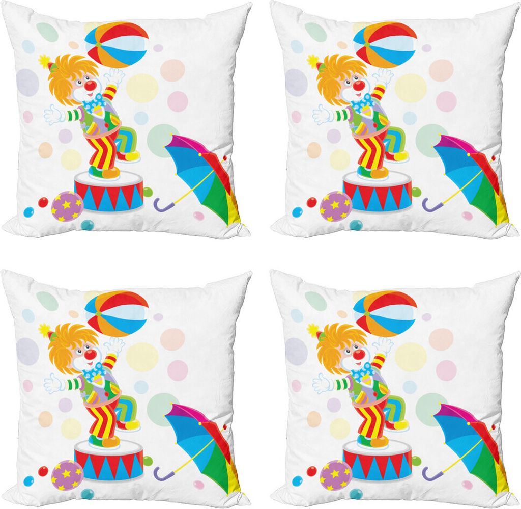ABAKUHAUS Clown Kissenbezug Set (4 Stück), Lustige Circus Entertainer-Ball, Moderner Doppelseitiger Digitaldruck, 45 cm x 45 cm, Mehrfarbig
