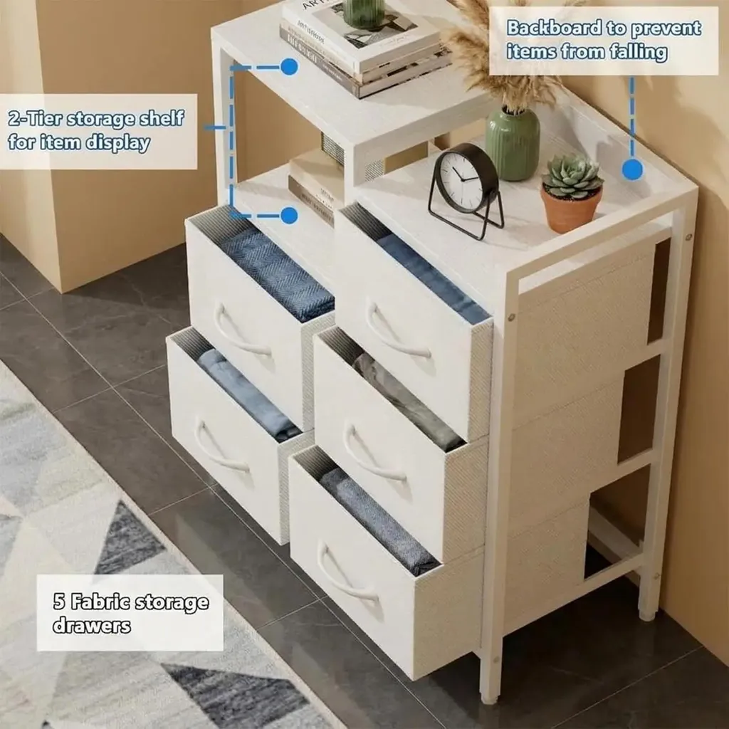 Commode 5 tiroirs en tissu blanc structure métal avec étagère ouverte - 4