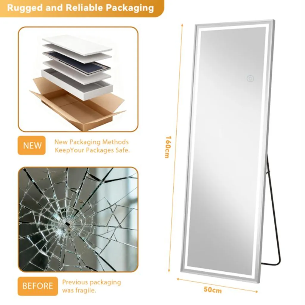 Miroir Lumineux 160x50 cm avec LED Intégrées et Support Mural ou sur Pied