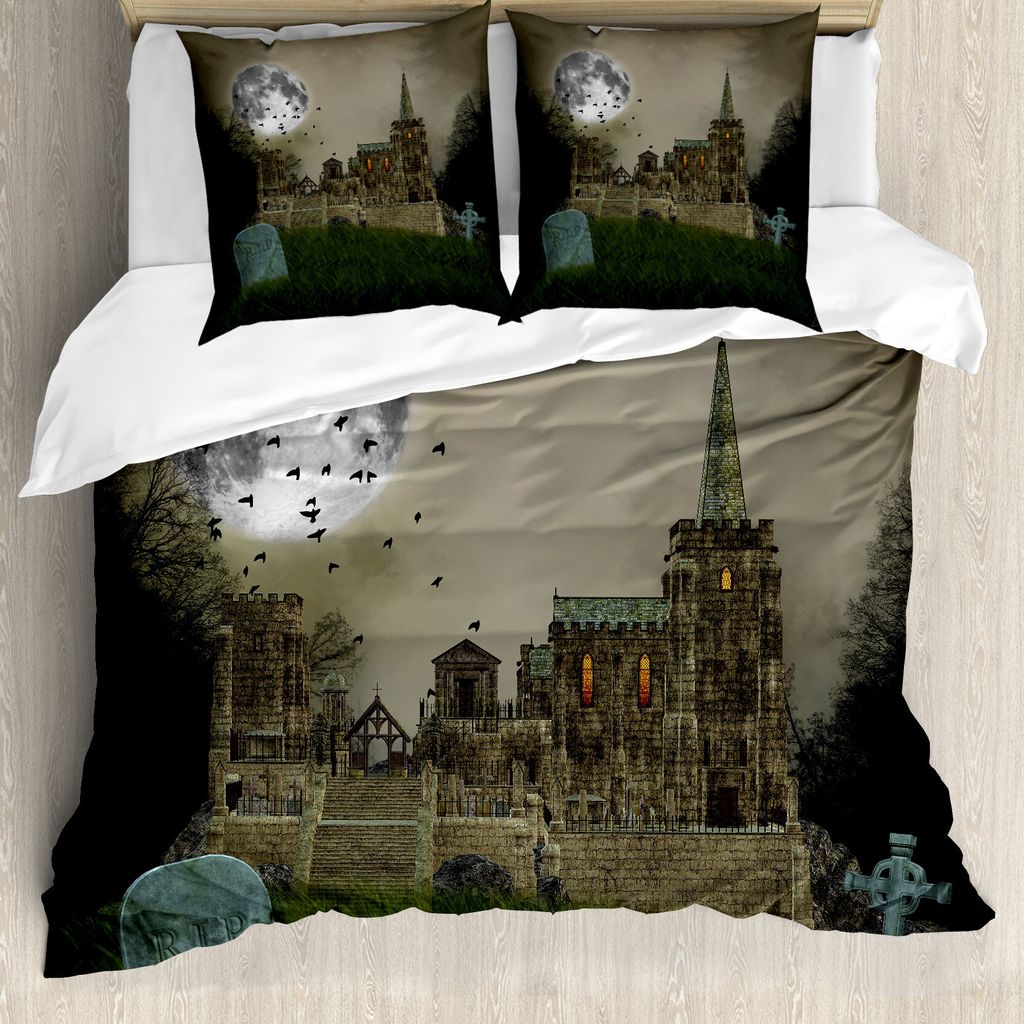 ABAKUHAUS gotisch Bettbezug, Altes Dorf und Grave, Milbensicher Allergiker geeignet mit Kissenbezügen, 200 cm x 200 cm - 80 x 80 cm, beige Grün